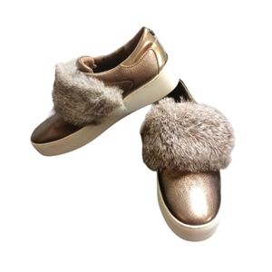 NEW Michael Kors Maven Platform Sneakers Fur Lined Gold Leather Slip Ons sz 6